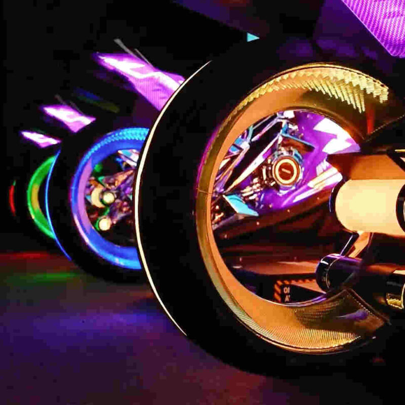arcade motorcycle fake wheel has colorful led lights inside